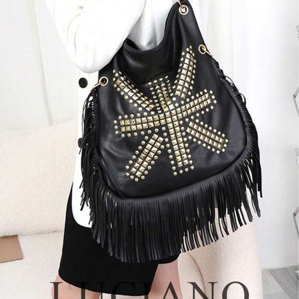 Black and Gold Studded Fringe Bag